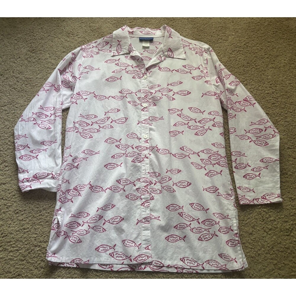 Vintage Swimwear Elisabeth Stewart white pink Fish 100% Cotton Coverup USA